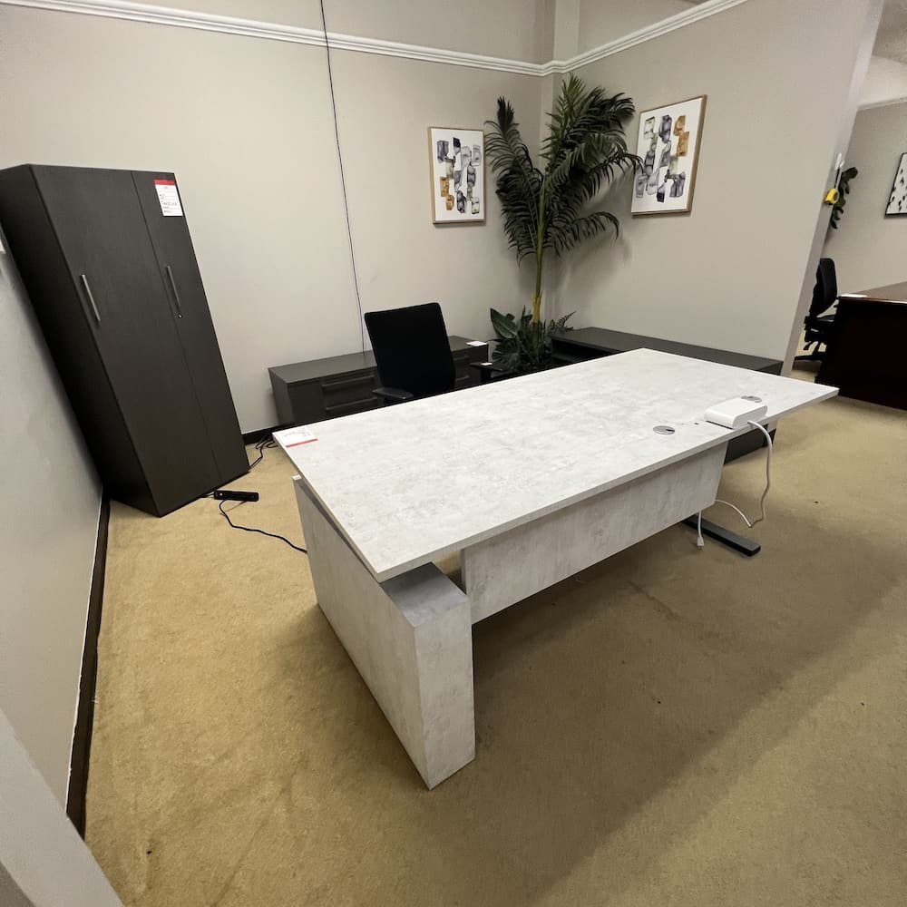 grey and white desk set with storage and height adjustable, used office furniture