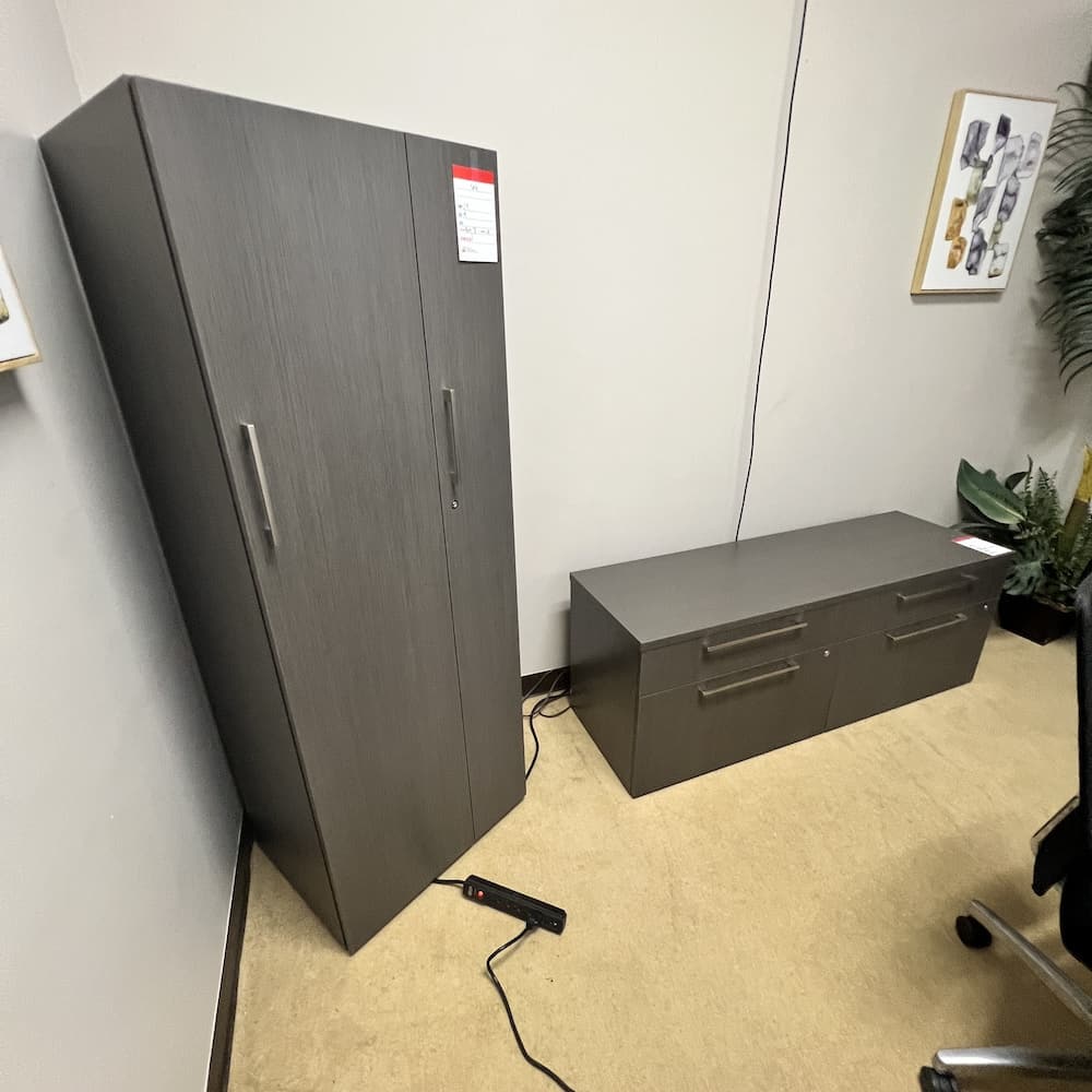 grey and white desk set with storage and height adjustable, used office furniture