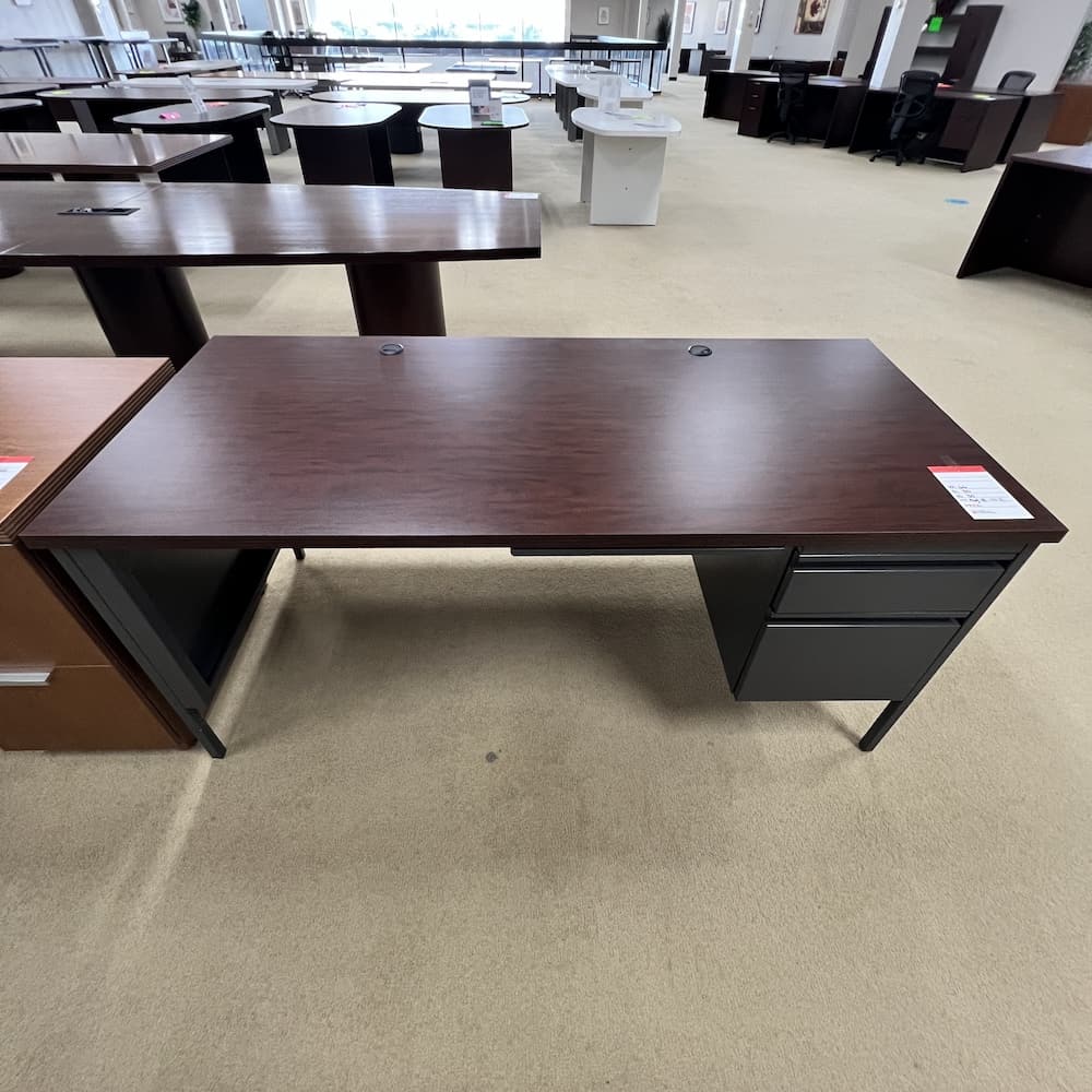 mahogany laminate with dark grey metal, teacher desk, open box scratch n dent office furniture