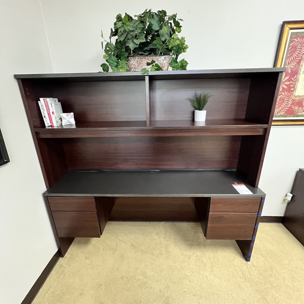 mahogany laminate and grey topped credenza desk, used office furniture