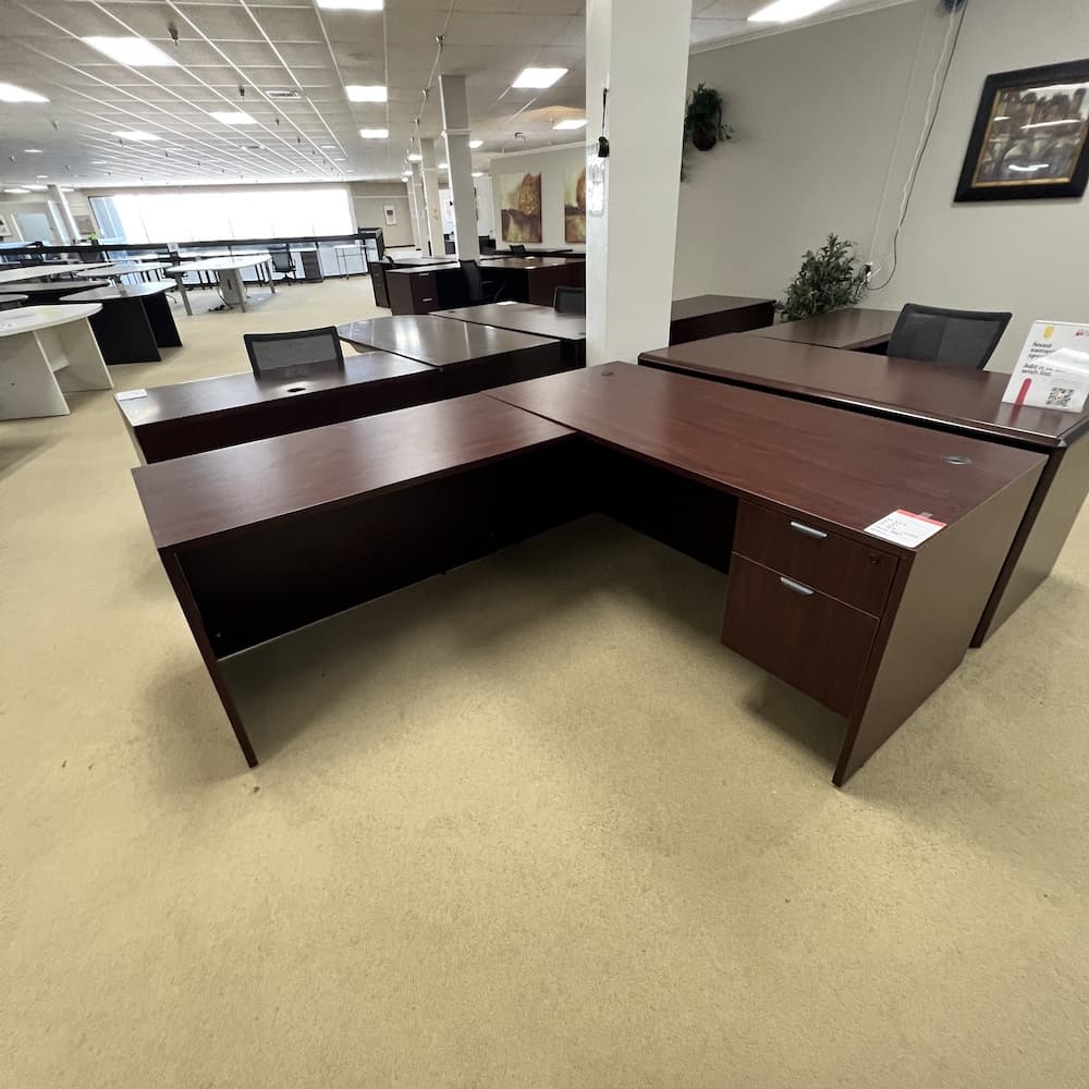 mahogany l-desk left return, with single box/file, used office furniture