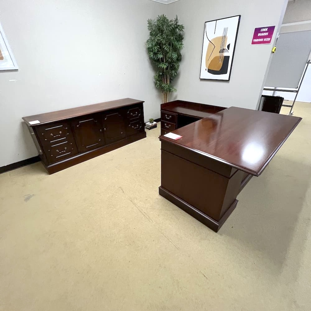 mahogany traditional l-desk and credenza set, used office furniture