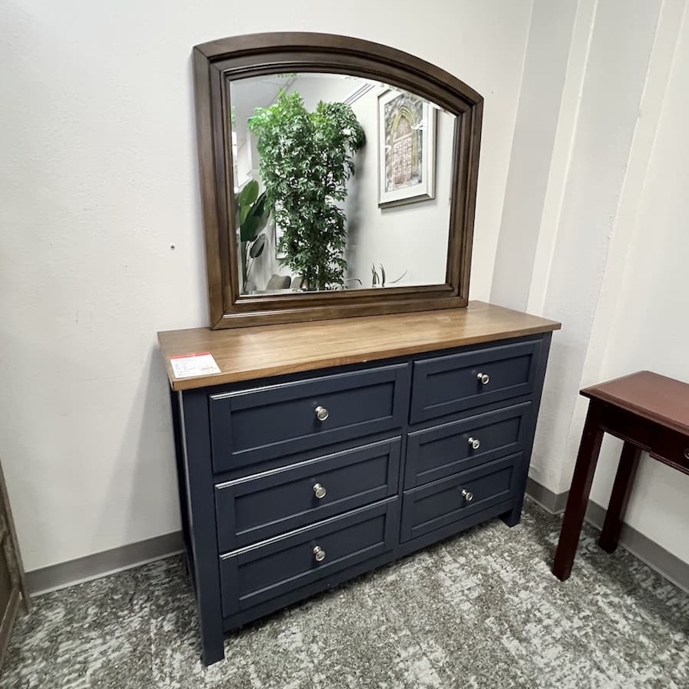 navy blue 6 drawer dresser with mirror walnut veneer, scratch n dent furniture
