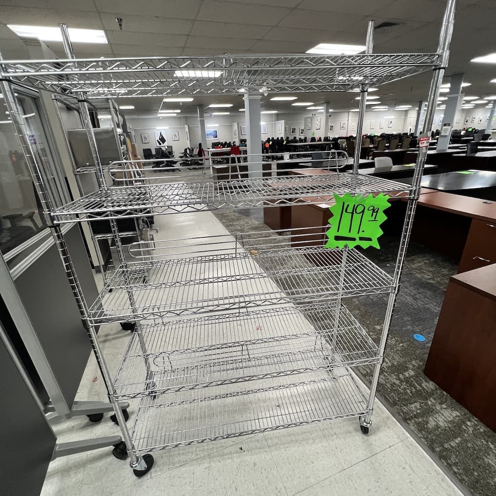 48" W x 76" H Silver Metal Rolling Wire Bakers Rack Shelving with Back Ledge