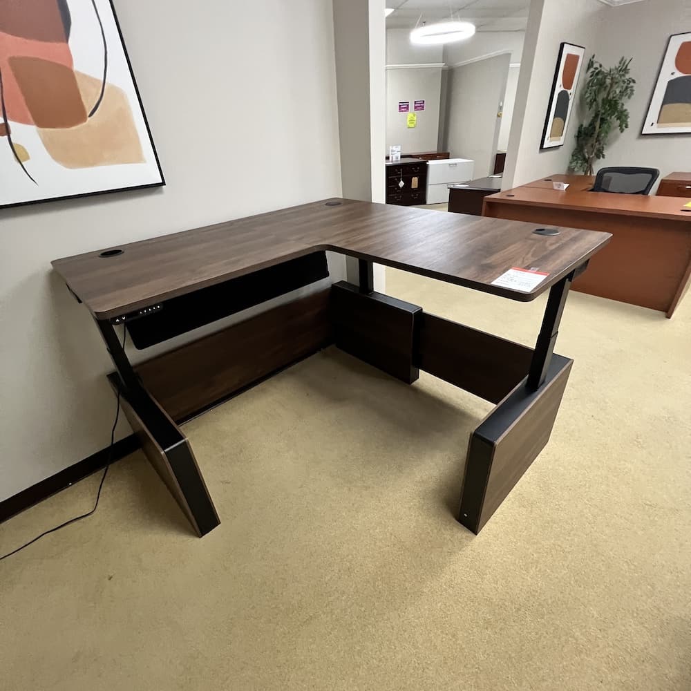 60" x 60" Walnut Laminate Height Adjustable Programmable Standing L-Desk with Privacy Shell