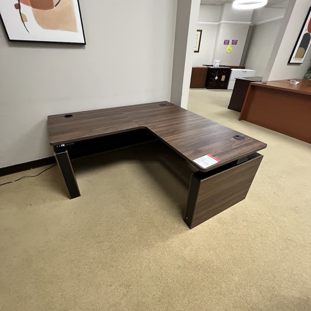 60" x 60" Walnut Laminate Height Adjustable Programmable Standing L-Desk with Privacy Shell - Image 3