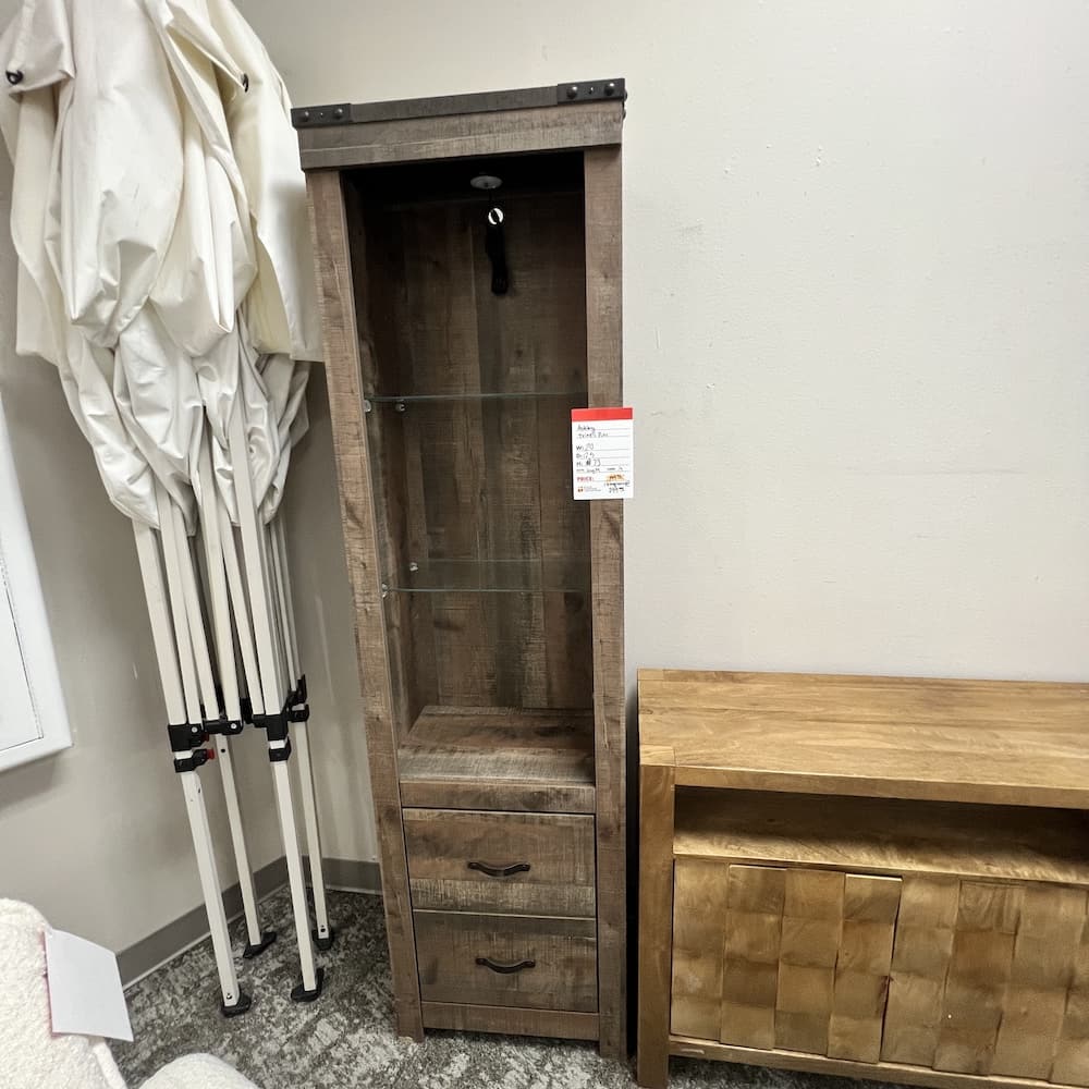 distressed wood look shelves tall with glass and light, two drawers, open box scratch n dent Ashley furniture