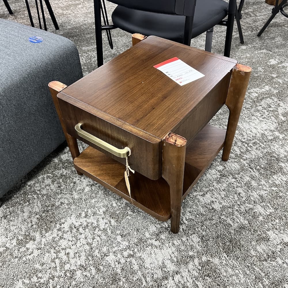 walnut nightstand with gold pull, open box scratch n dent home furniture