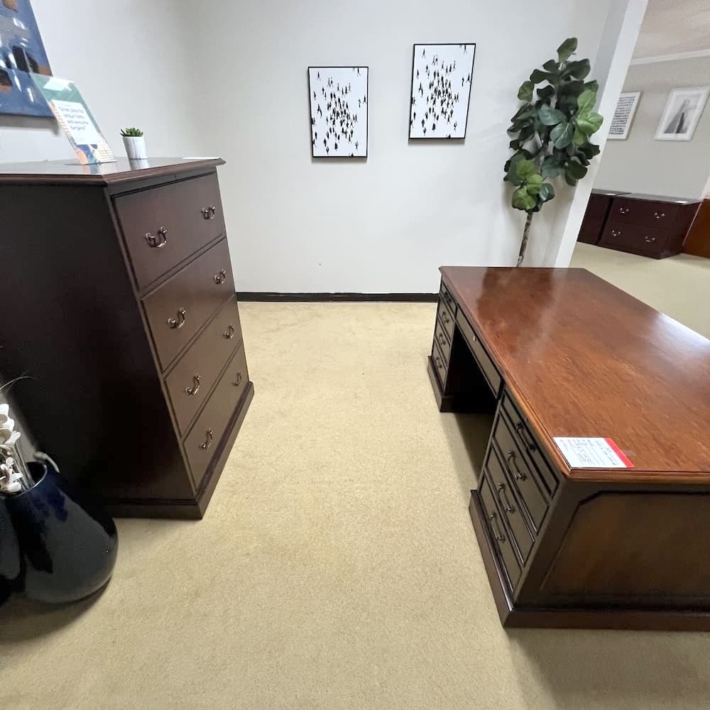 walnut veneer traditional veneer desk with 4 drawer lateral file, used office furniture