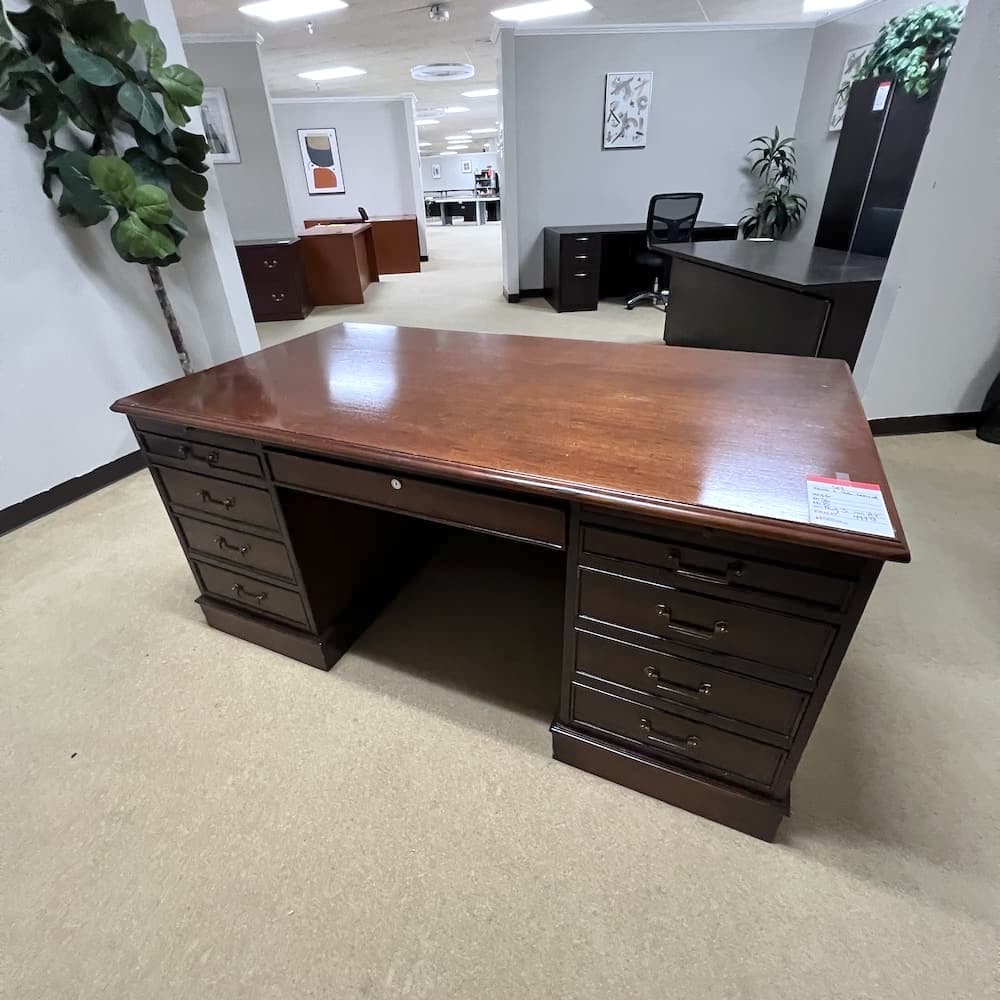 2walnut veneer traditional veneer desk with 4 drawer lateral file, used office furniture