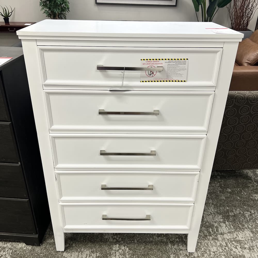 white 5 drawer dresser with silver pulls, scratch n dent home furniture