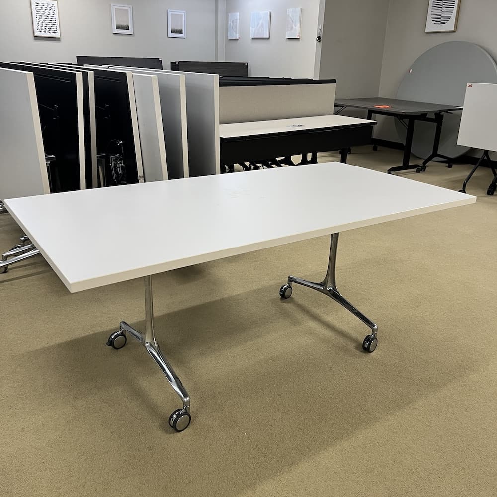 72" x 36" Bernhardt White Laminate and Chrome Training Table - Roll, Flip, Nest