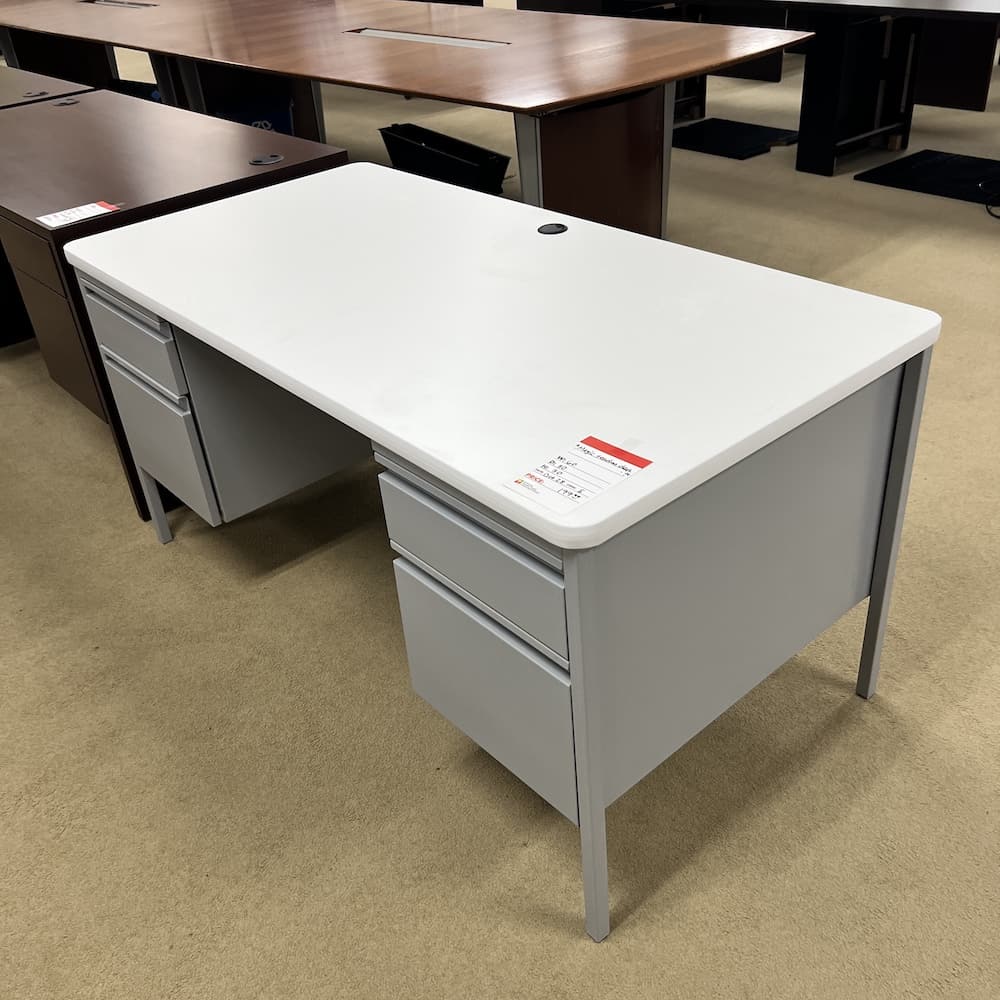 white laminate with light grey metal double hanging box/file teacher desk, open box office furniture
