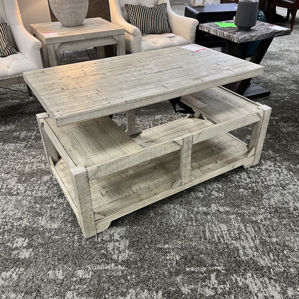 white washed wood rectangle coffee table with lift top, scratch n dent home furniture