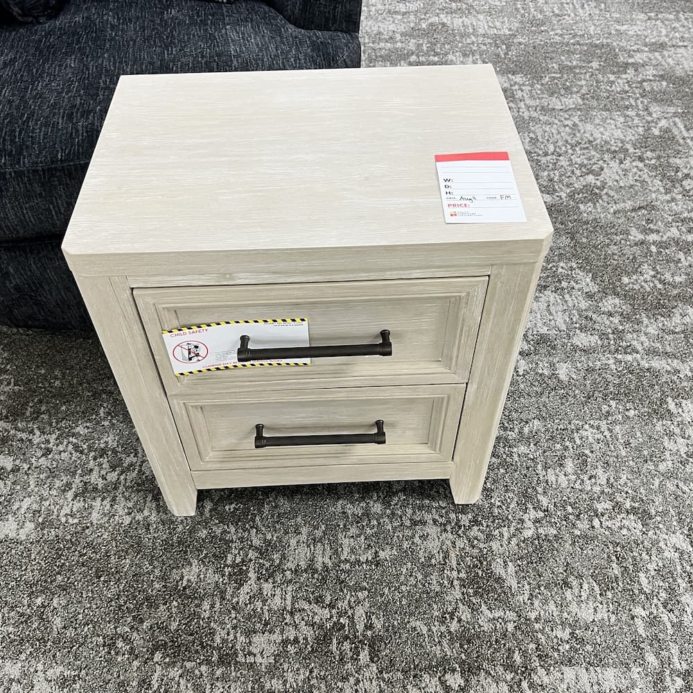 Carlson nightstand, white wood blonde 2 door, open box scratch n dent furniture