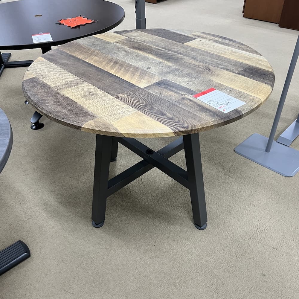 wood look laminate round break room table, vari brand used office furniture