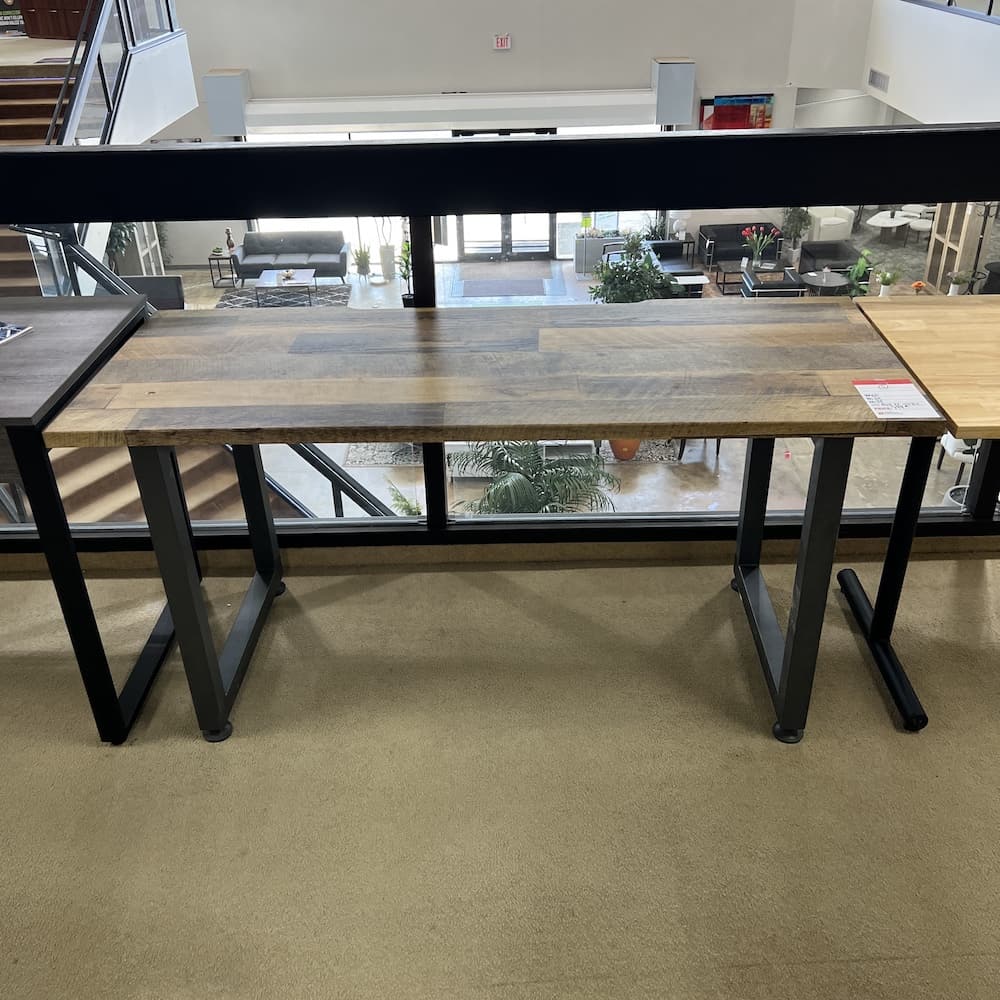vari distressed wood look laminate with grey metal legs, used office furniture, desk table