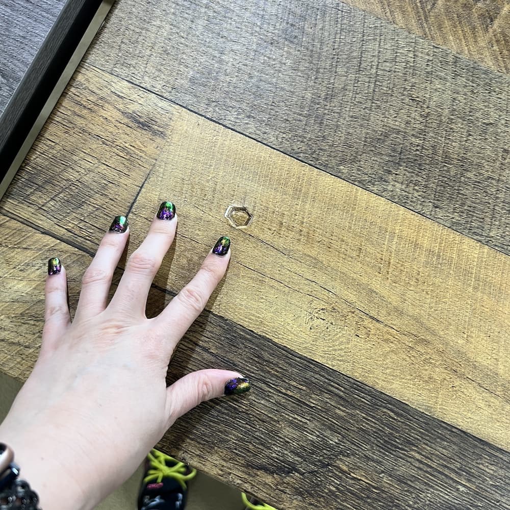 vari distressed wood look laminate with grey metal legs, used office furniture, desk table