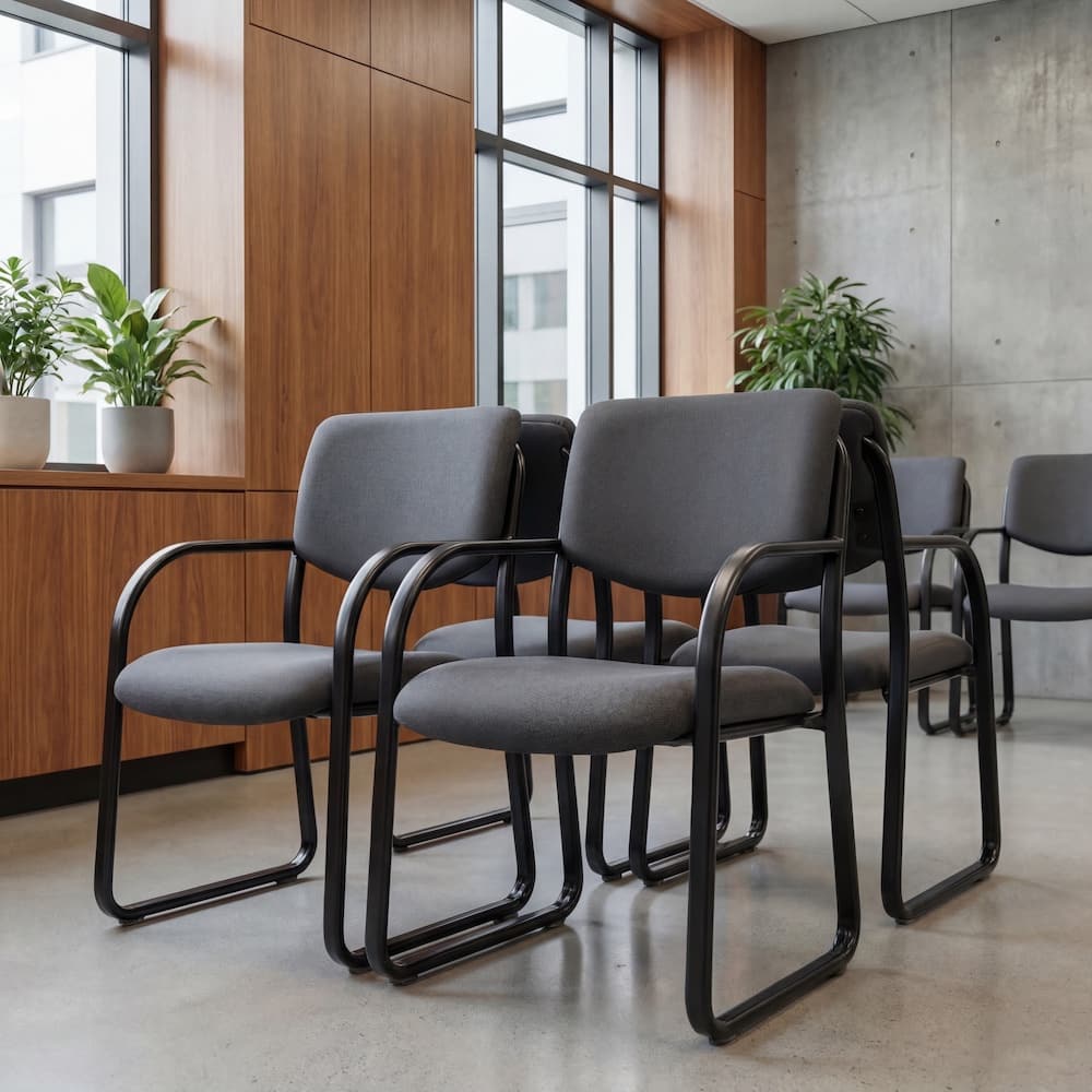 Guest Sled Chair with arms, dark grey fabric, new office furniture, lounge waiting reception area, office