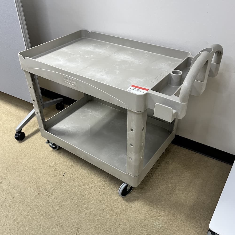 beige plastic brute rubbermaid utility cart, mobile rolling, with handle