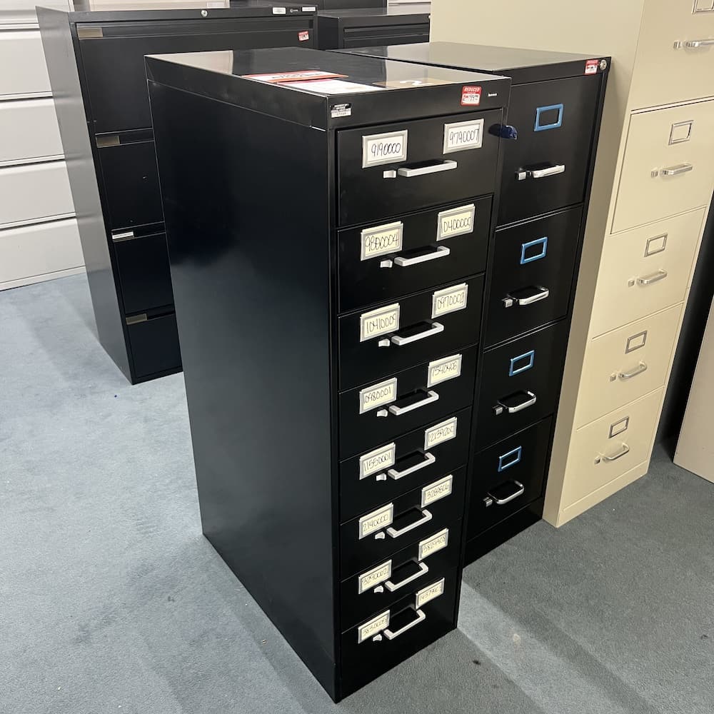black metal 8 drawer card file cabinet, tennsco, used, used office furniture, library,