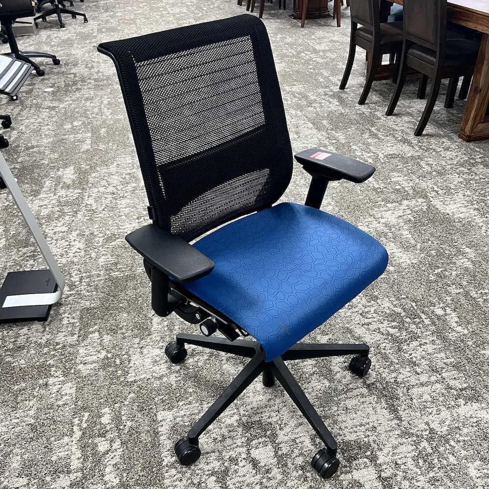 blue upholstery seat and black mesh back, task chair steelcase think version 1, used office furniture