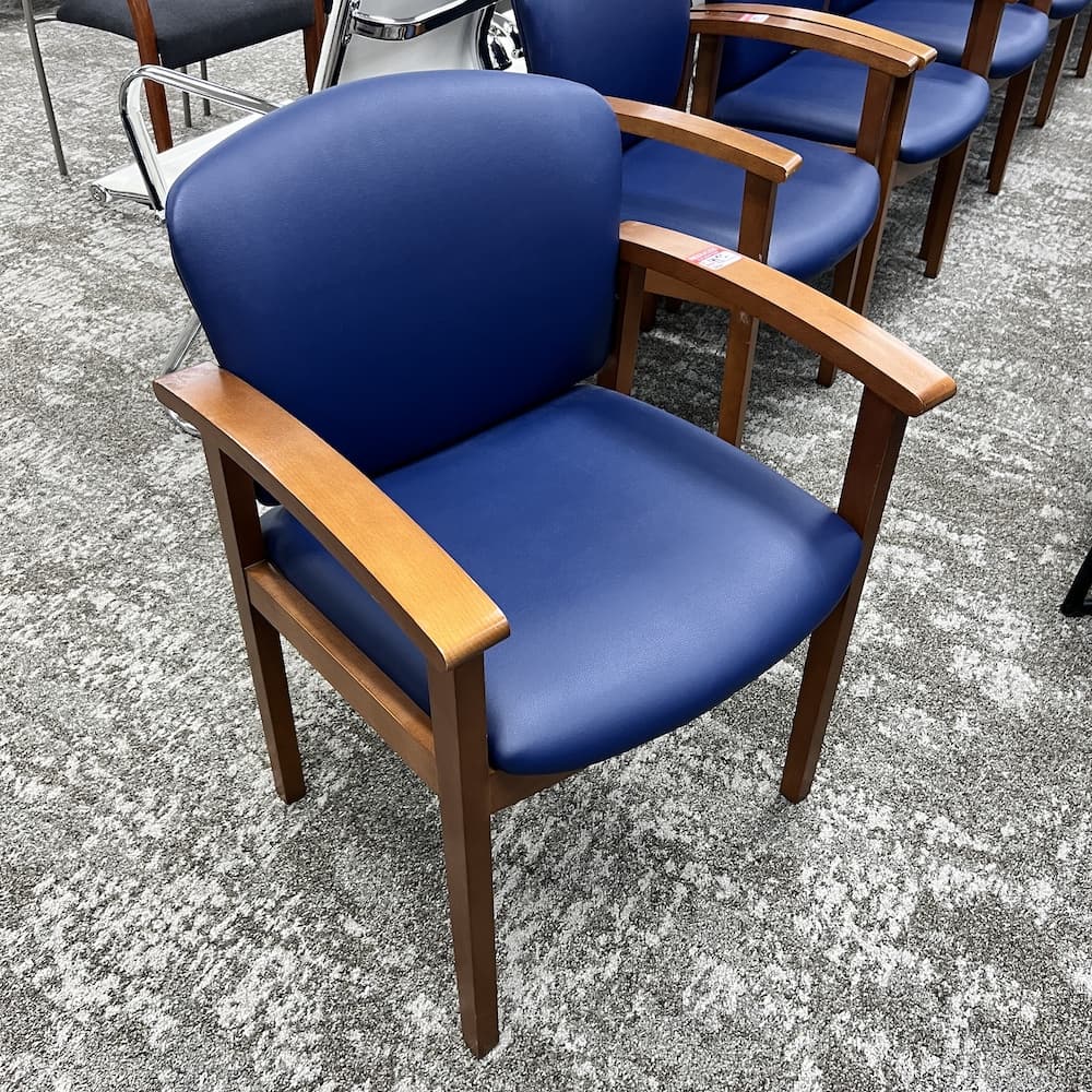 hon vinyl blue guest chair with cherry red arms, used office furniture, reception waiting room