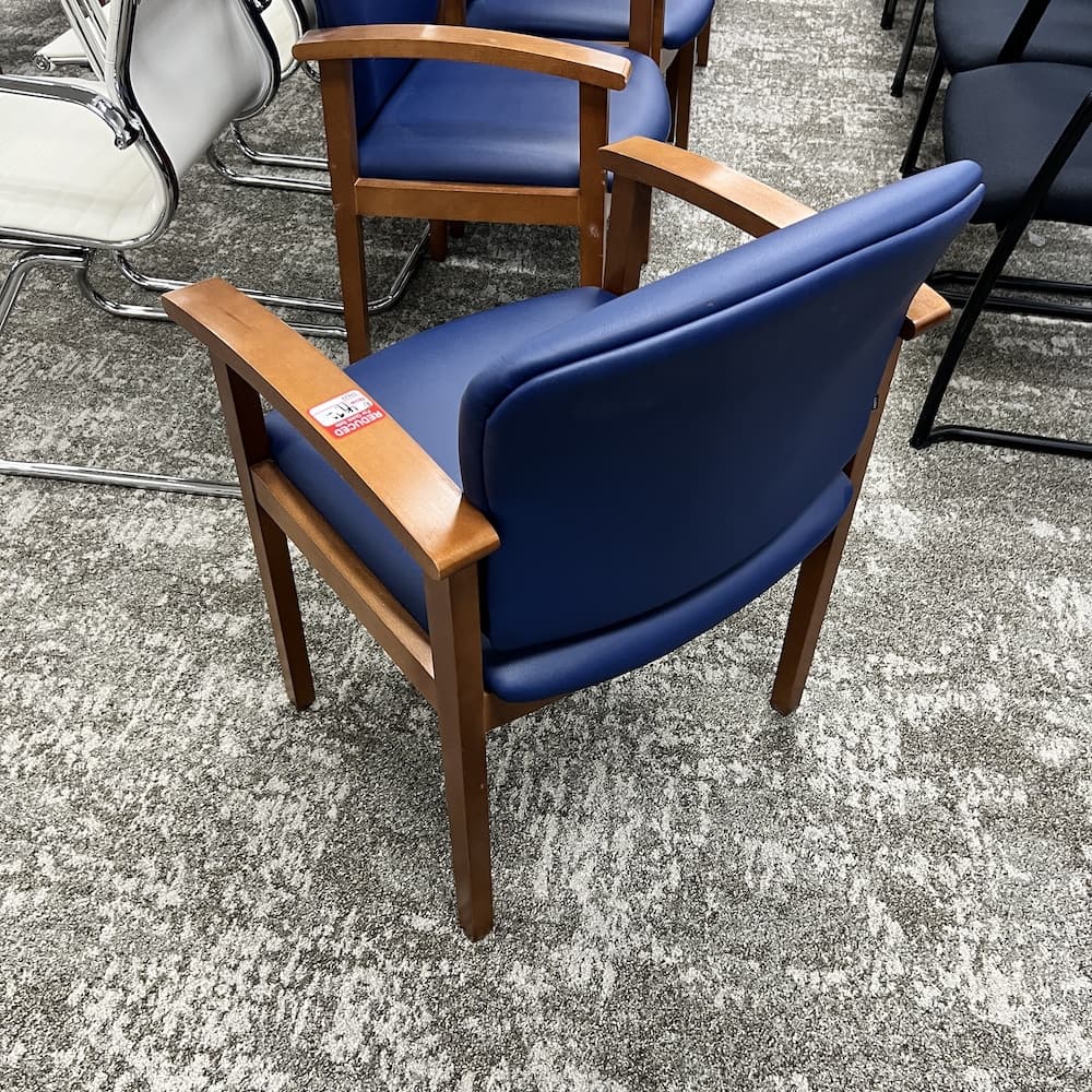 hon vinyl blue guest chair with cherry red arms, used office furniture, reception waiting room