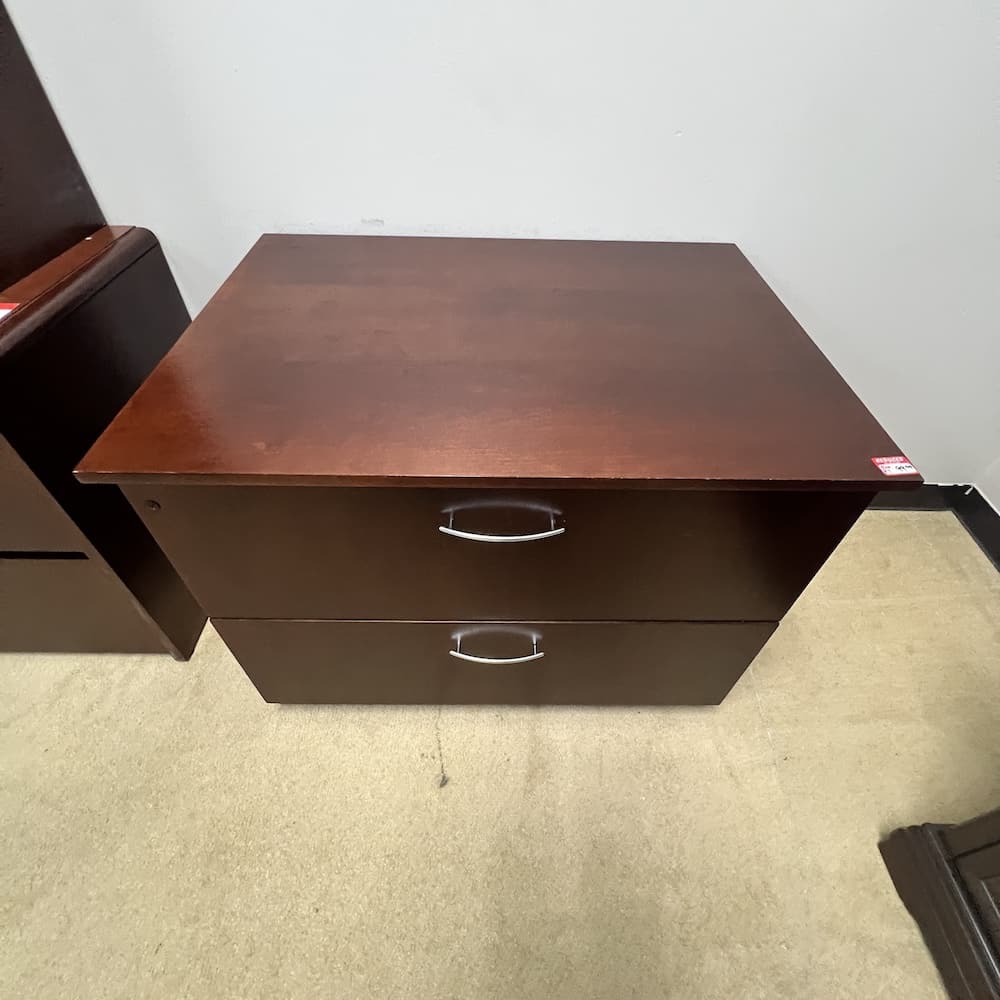 geiger cherry veneer wood 2 drawer lateral file, used office furniture