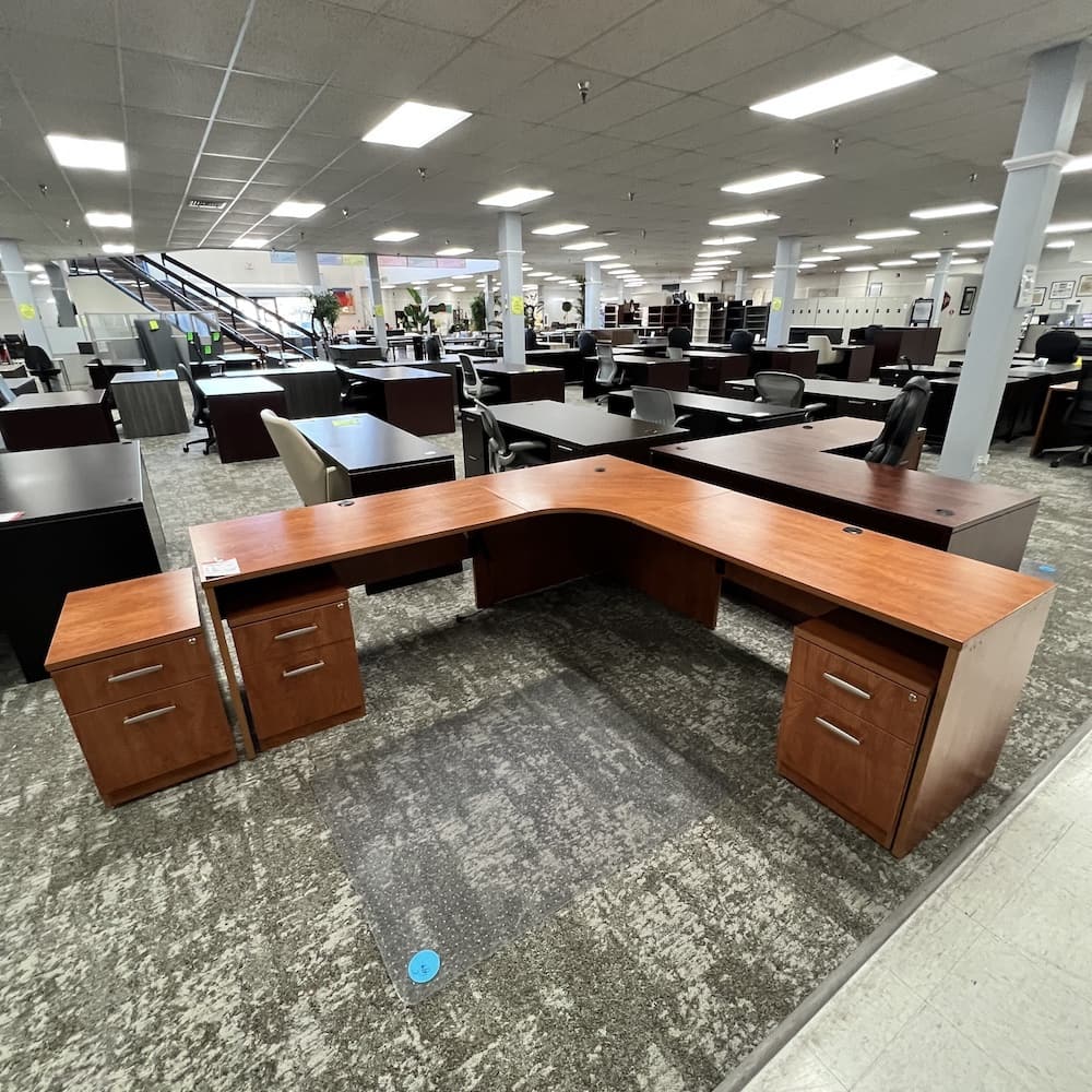 Trendy corner l-desk cherry laminate with 3 box/file pedestals, used office furniture 7 ft