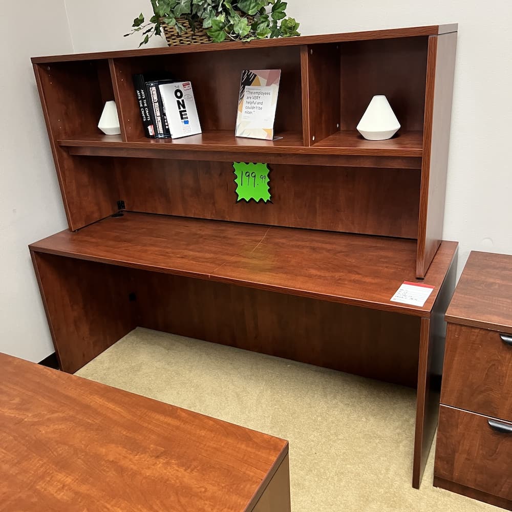 cherry laminate desk shell credenza with open hutch, used office furniture