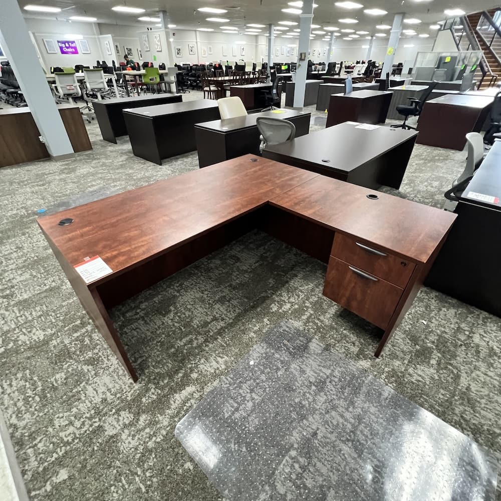 cherry laminate l-desk right return, 1 box/file, used office furniture