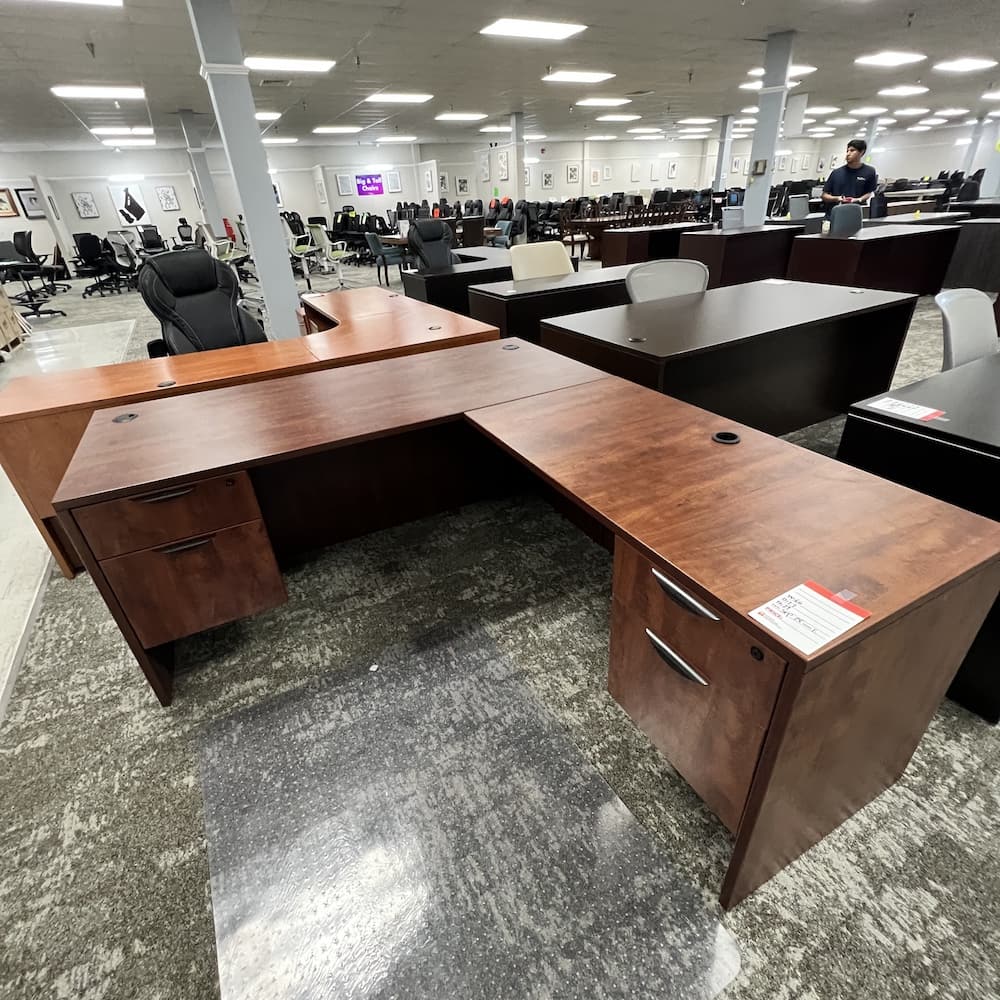 66" x 77" Cherry Laminate L-Desk with Double Box/File - Right Return
