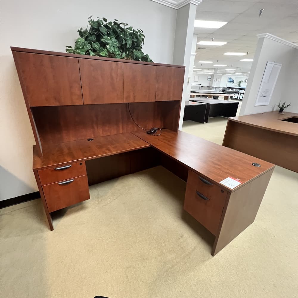 cherry laminate l-desk left return with hutch, used office furniture