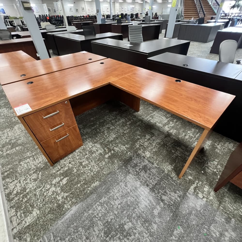 cherry laminate l-desk right return with bbf, trendway brand, used office furniture