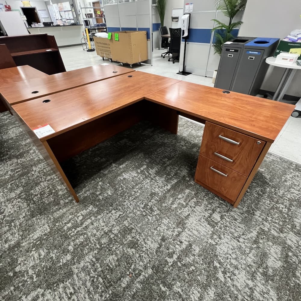 cherry laminate l-desk right return with bbf, trendway brand, used office furniture