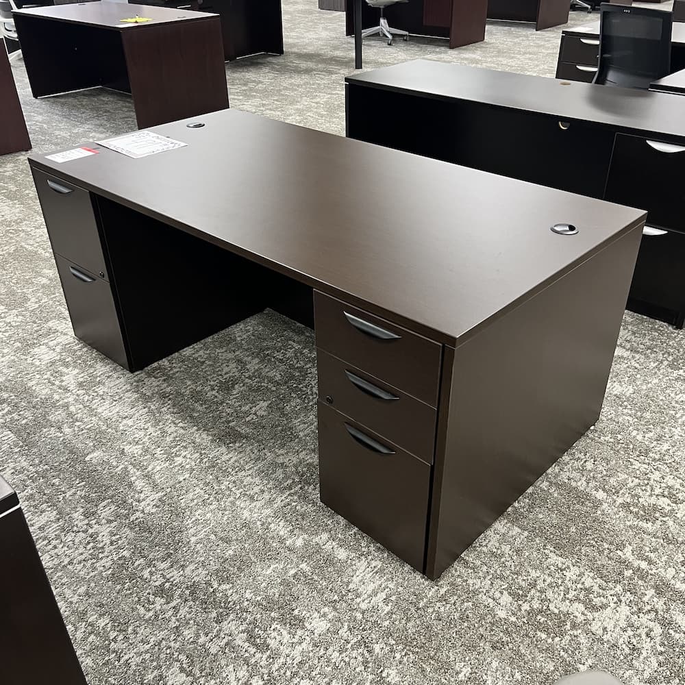 espresso laminate desk with double pedestal and black pulls office furniture used