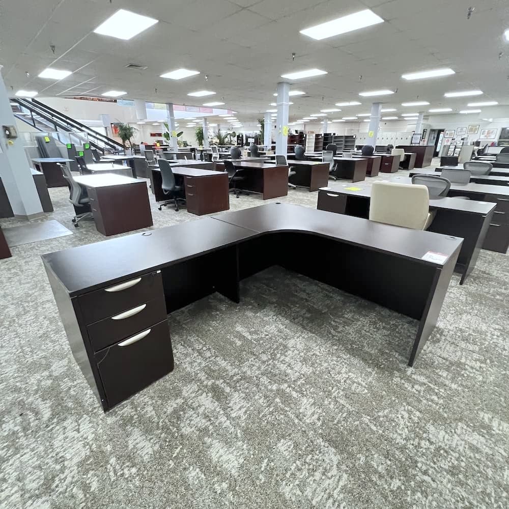 espresso laminate l-desk left return with single bbf, used office furniture