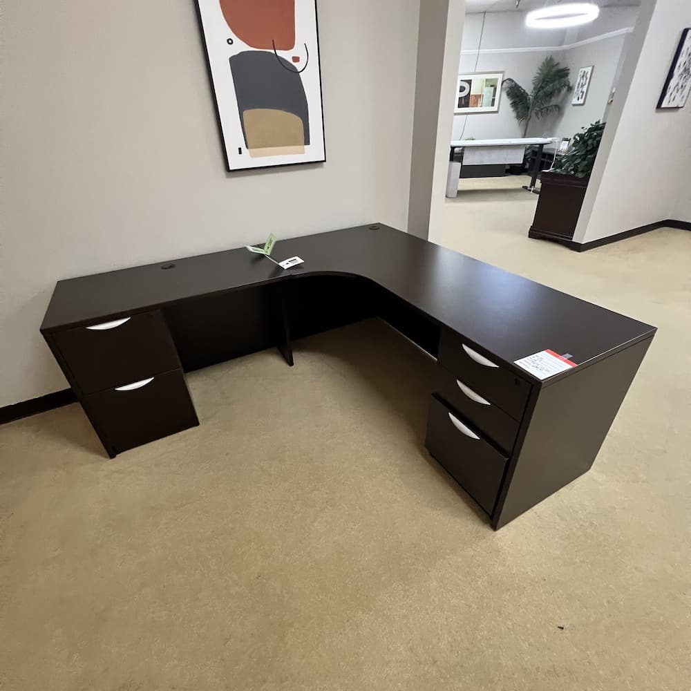 laminate espresso l-desk left return, double pedestal, used office furniture