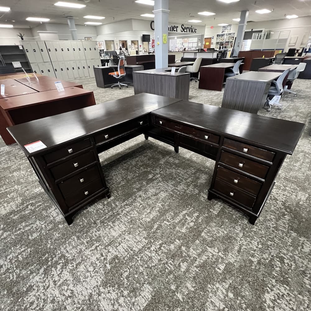 espresso l-desk veneer right return, used office furniture, traditional transitional