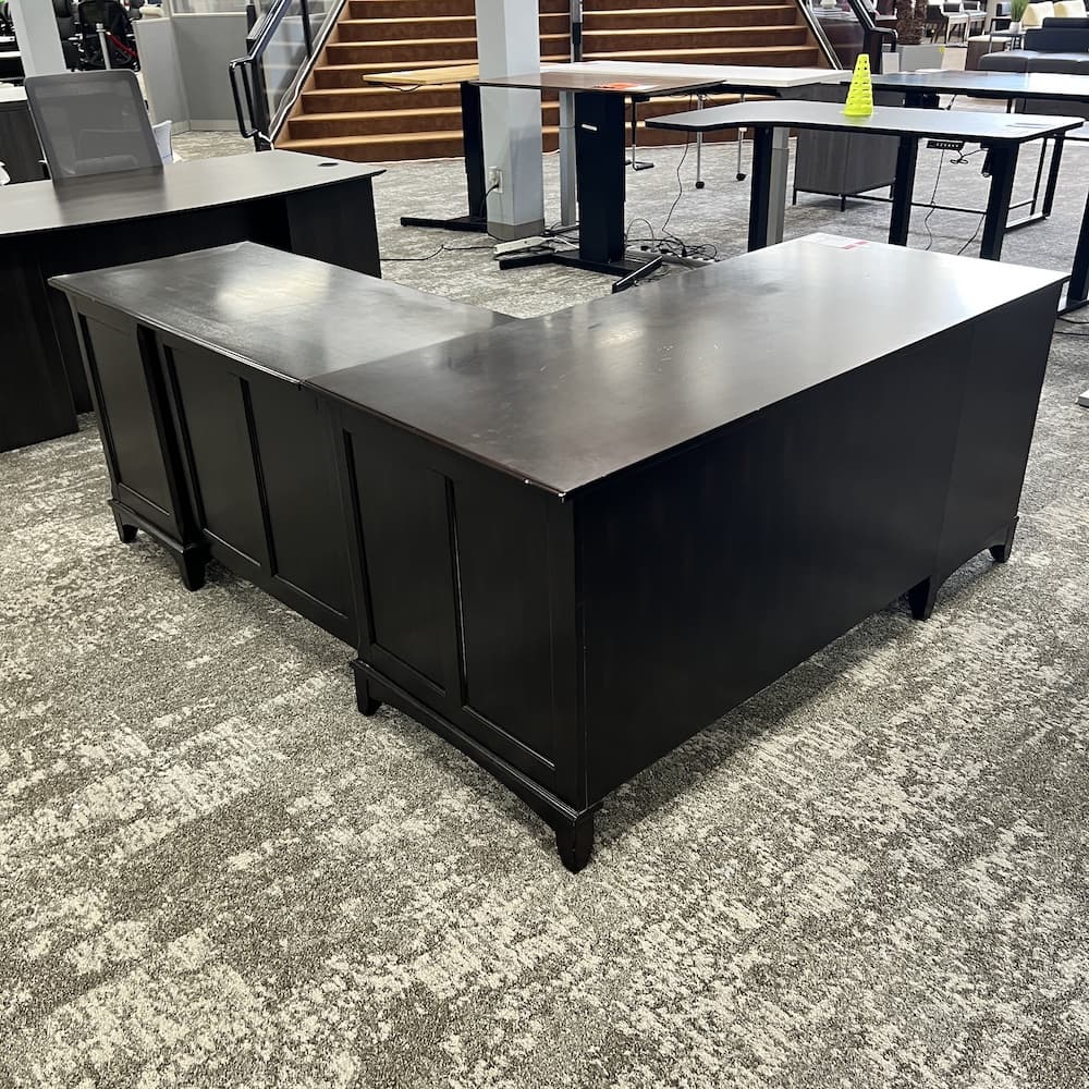 espresso l-desk veneer right return, used office furniture, traditional transitional