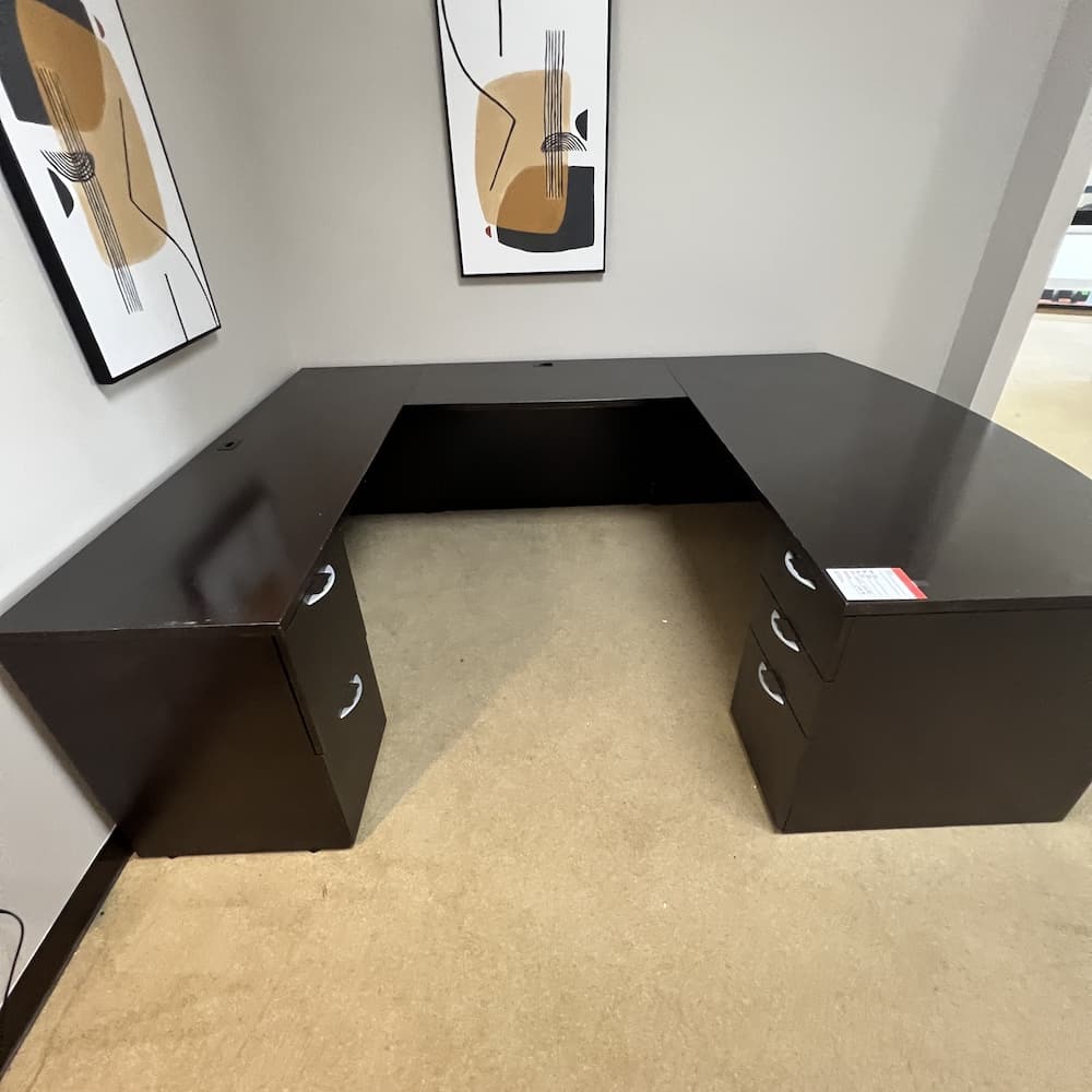espresso veneer u-desk, left return bow front OFS, used office furniture