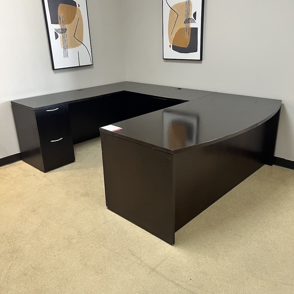 espresso veneer u-desk, left return bow front OFS, used office furniture