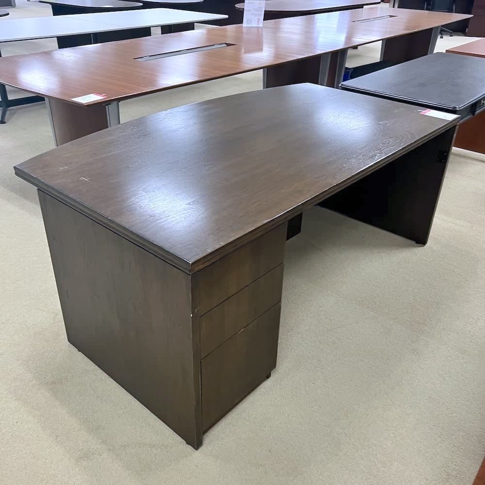 espresso walnut bow front veneer desk, single box box file, used office furniture