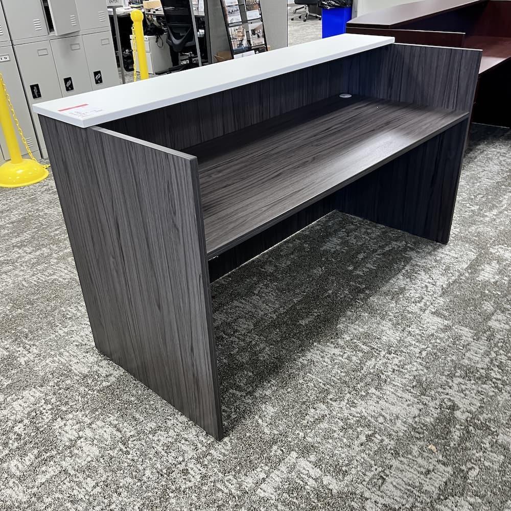 coastal grey laminate reception desk with white transaction top, used office furniture