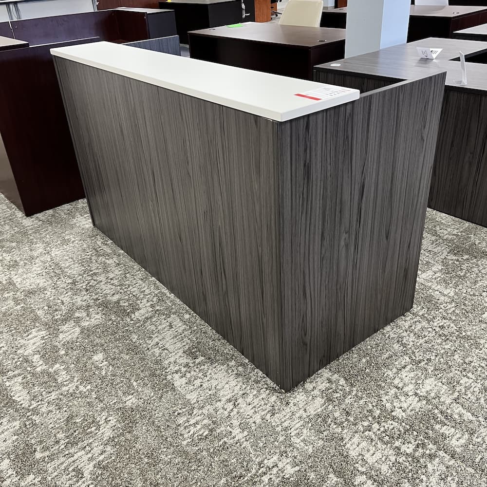 coastal grey laminate reception desk with white transaction top, used office furniture
