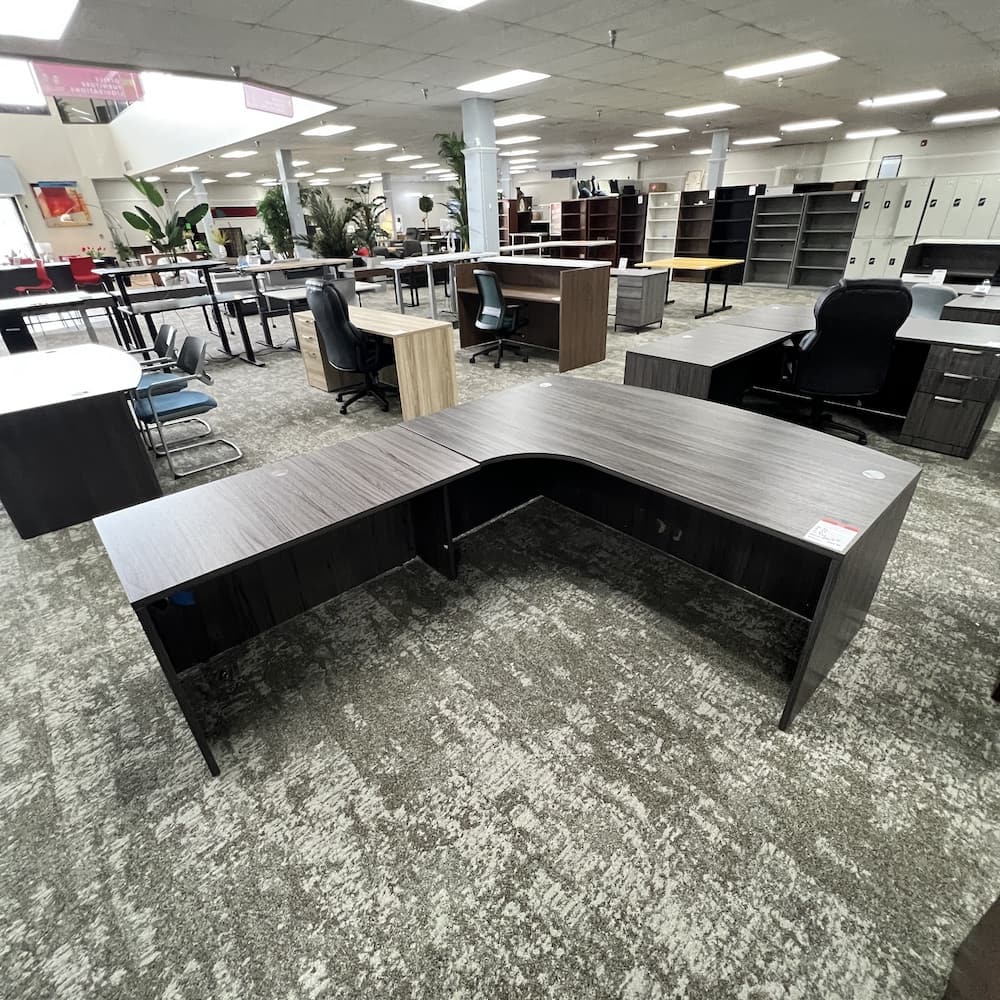 coastal grey laminate bow front l-desk shell left return, open box office furniture