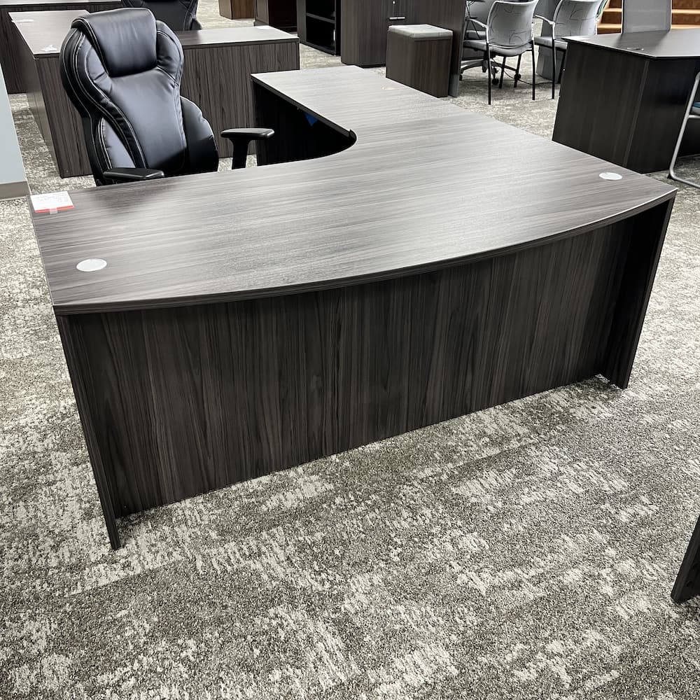 coastal grey laminate bow front l-desk shell left return, open box office furniture