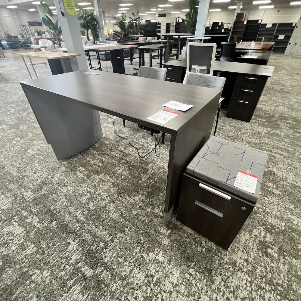 grey laminate Height adjustable desk teknion, with pedestal box file, guest chairs, credenza storage cabinet, used office furniture, set