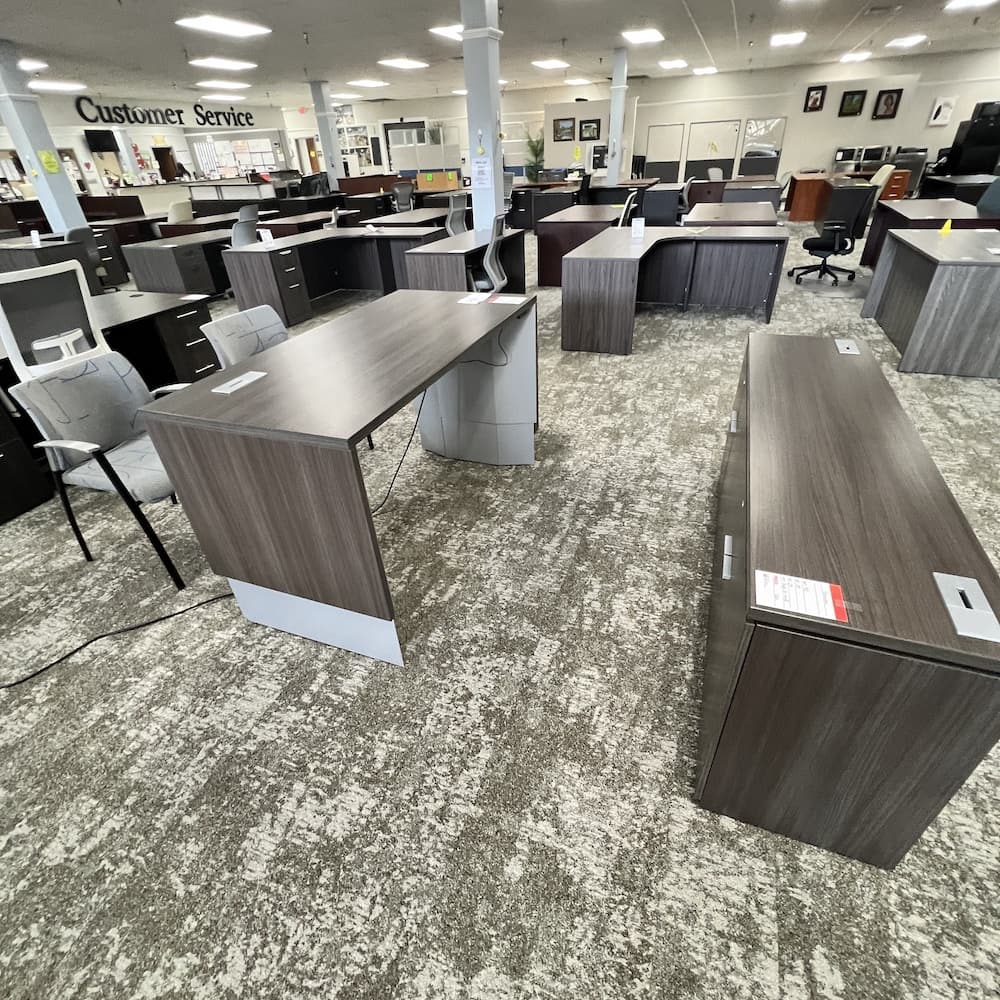 grey laminate Height adjustable desk teknion, with pedestal box file, guest chairs, credenza storage cabinet, used office furniture, set